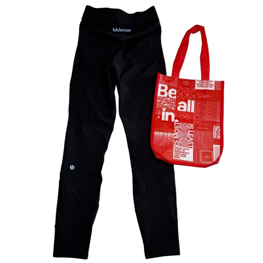 LULULEMON Logo Waistband Ribbed Leggings Black Tights 4 - PLUS BAG!